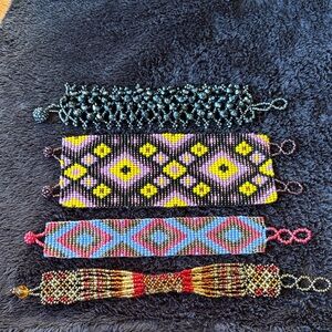 4Handmade Multicolor Beaded Bracelets. Red, Purple, Gold, Yellow, Blue and Black